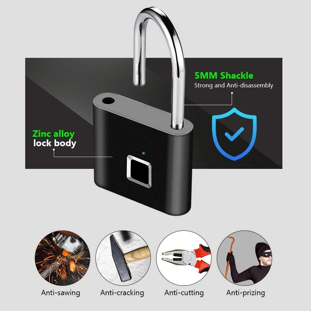 Factory Electronic USB Fingerprint Padlock USB Charging Portable Zinc Alloy Smart Padlock with 10 Sets Fingerprints