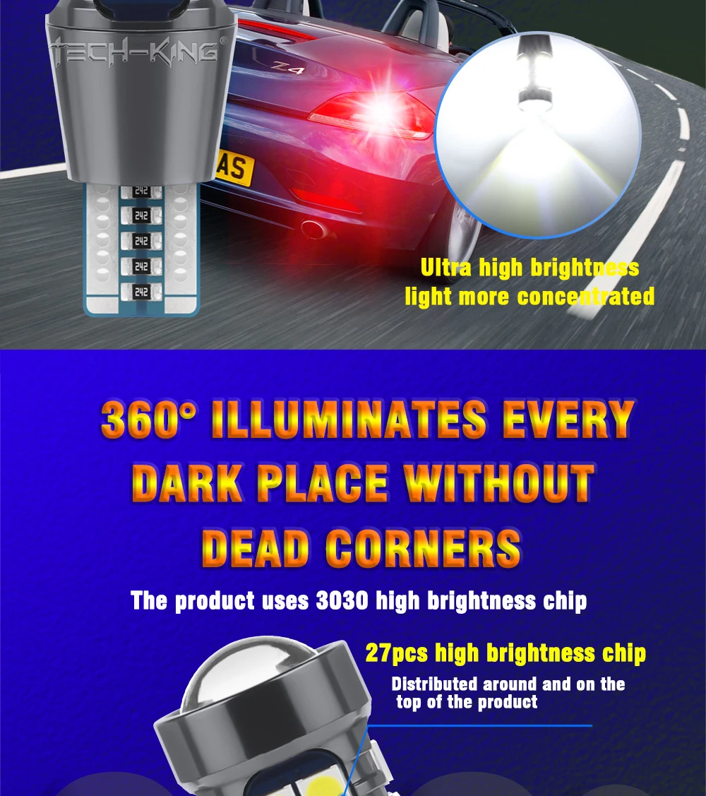 TECH-KING High Bright Lens 27SMD 3030 Led Car Reverse Light Canbus W16w Backup Lights 921 12-24V T15 Bulbs