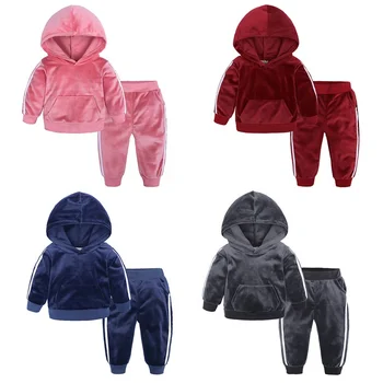 Wholesale Velour Kids Winter Clothing Sets Velvet Tracksuit Hoodie with Ear Long Pants 2 Piece Boy and Girl Leisure Jogging Set