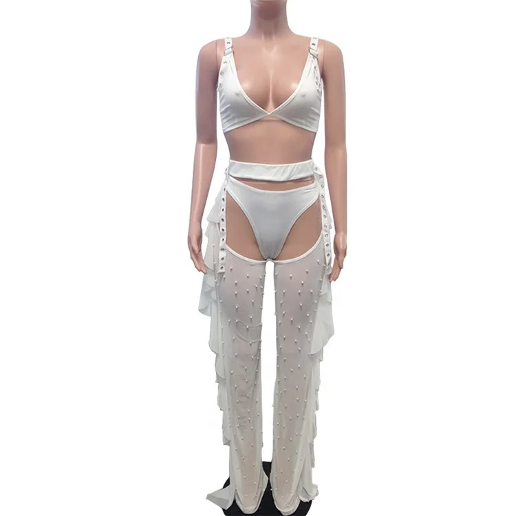 See Through Mesh Set Sexy Club Party 3 Piece Outfit for Women Bra Tops and Ruffles Pearl Beading Pants Set