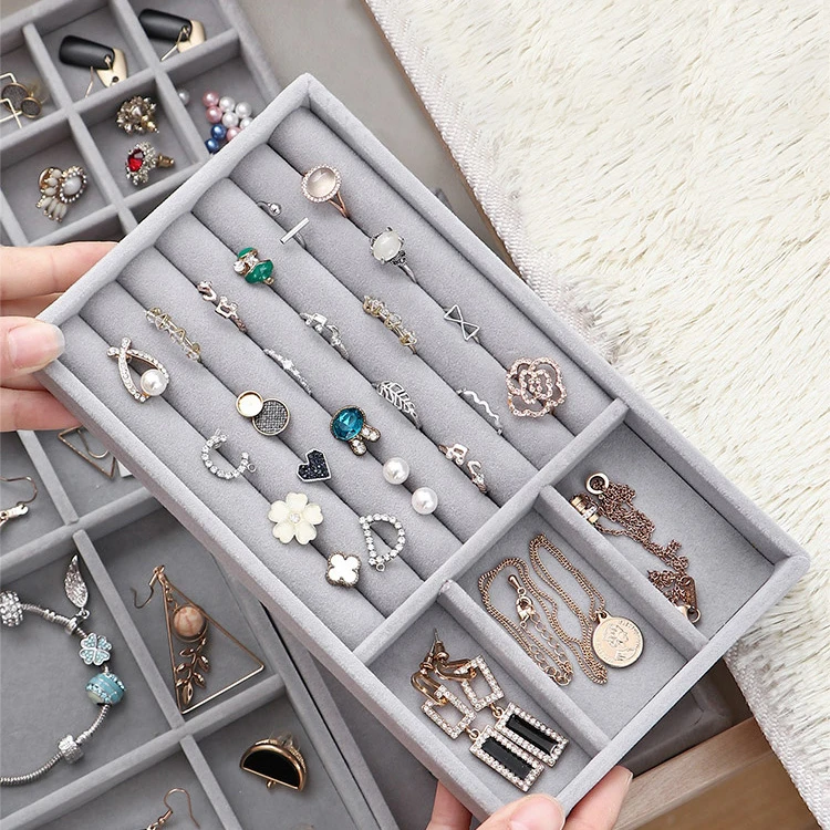 Tongxing Jewelry Box Drawer Storage Organizer Gray Soft Velvet Jewellery Earring Necklace Pendant Bracelet Tray