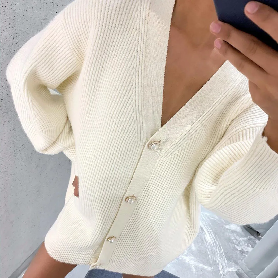 2021 Fall Fashion Knitwear Popular Candy Color v-Neck Long Lantern Sleeves Oversized Ladies Long Sweater Cardigan With Buttons