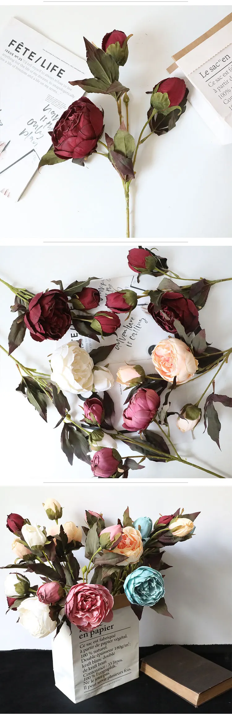 3 Heads Silk Peony Artificial Decorative Flowers For Wedding Home Buy