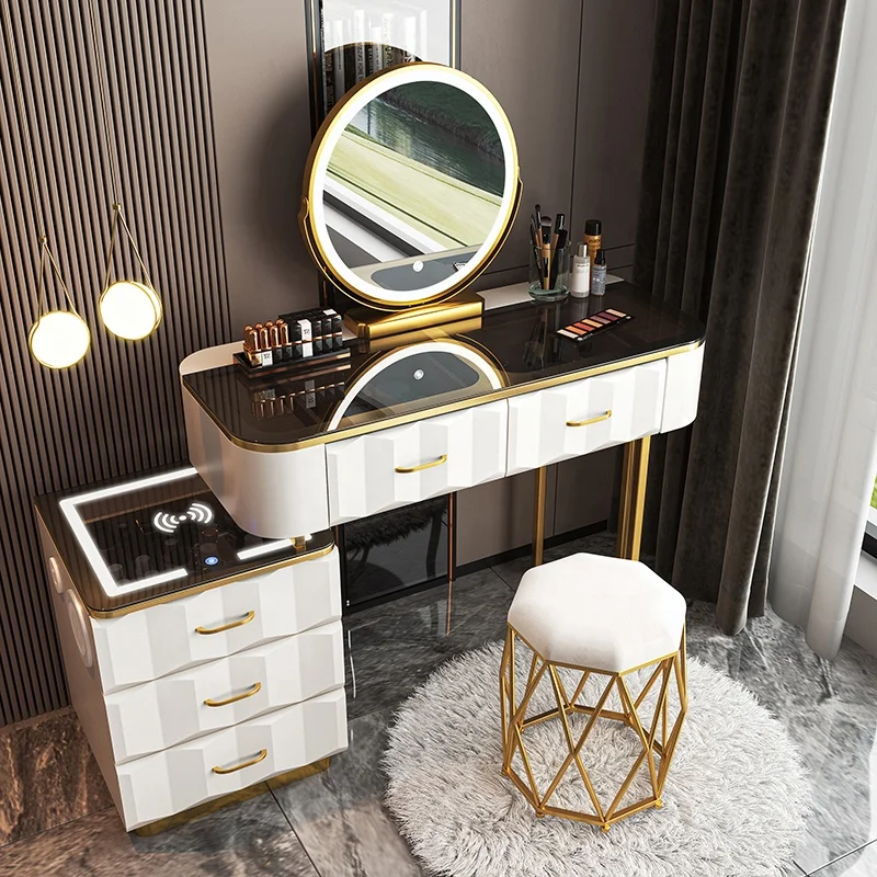 NOVA Nordic Bedroom Dressing Table Modern Minimalist Multi-functional Princess Bent Plate Smart Dresser Table with Golden Legs