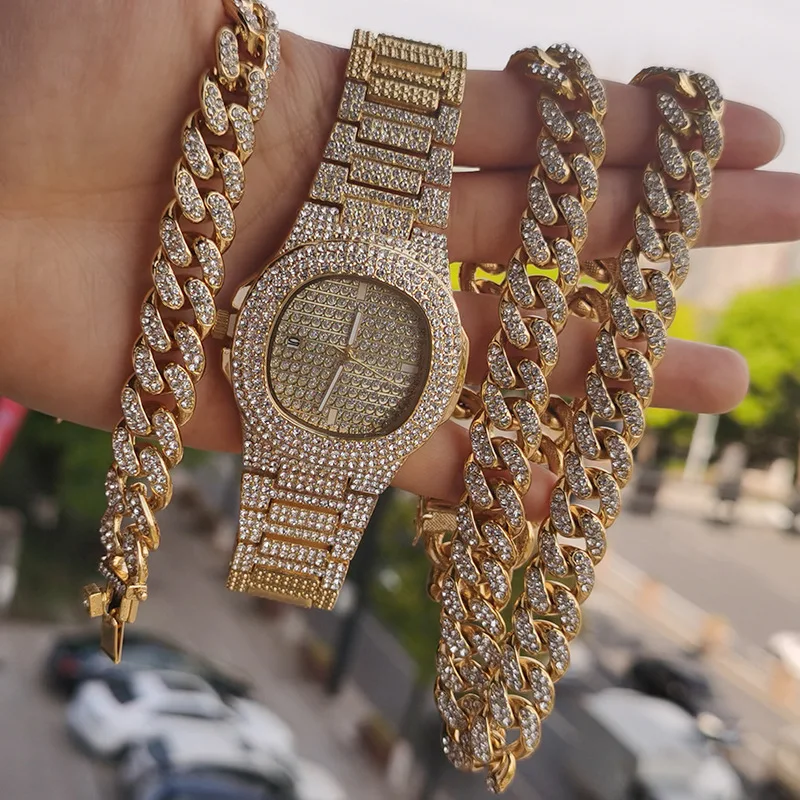 Men Jewelry Gold Plating Watch Set 12mm 