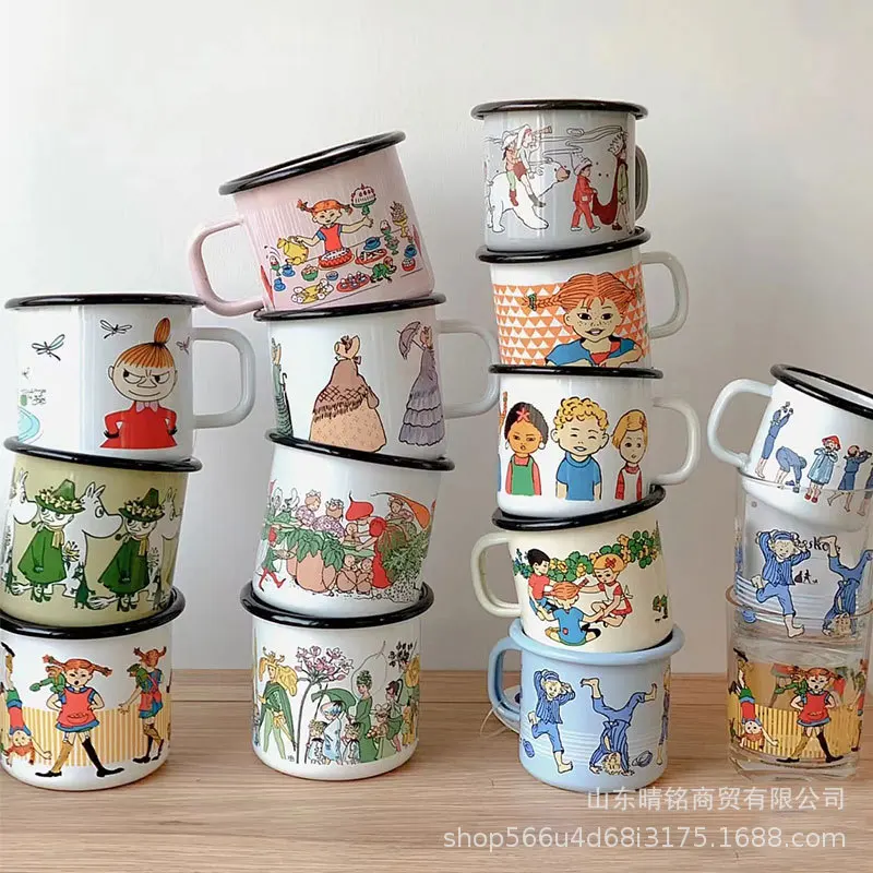 OEM 450ml 12oz 15oz cartoon design white blank enamel thermal sublimation camping coffee camp cup mug with handle