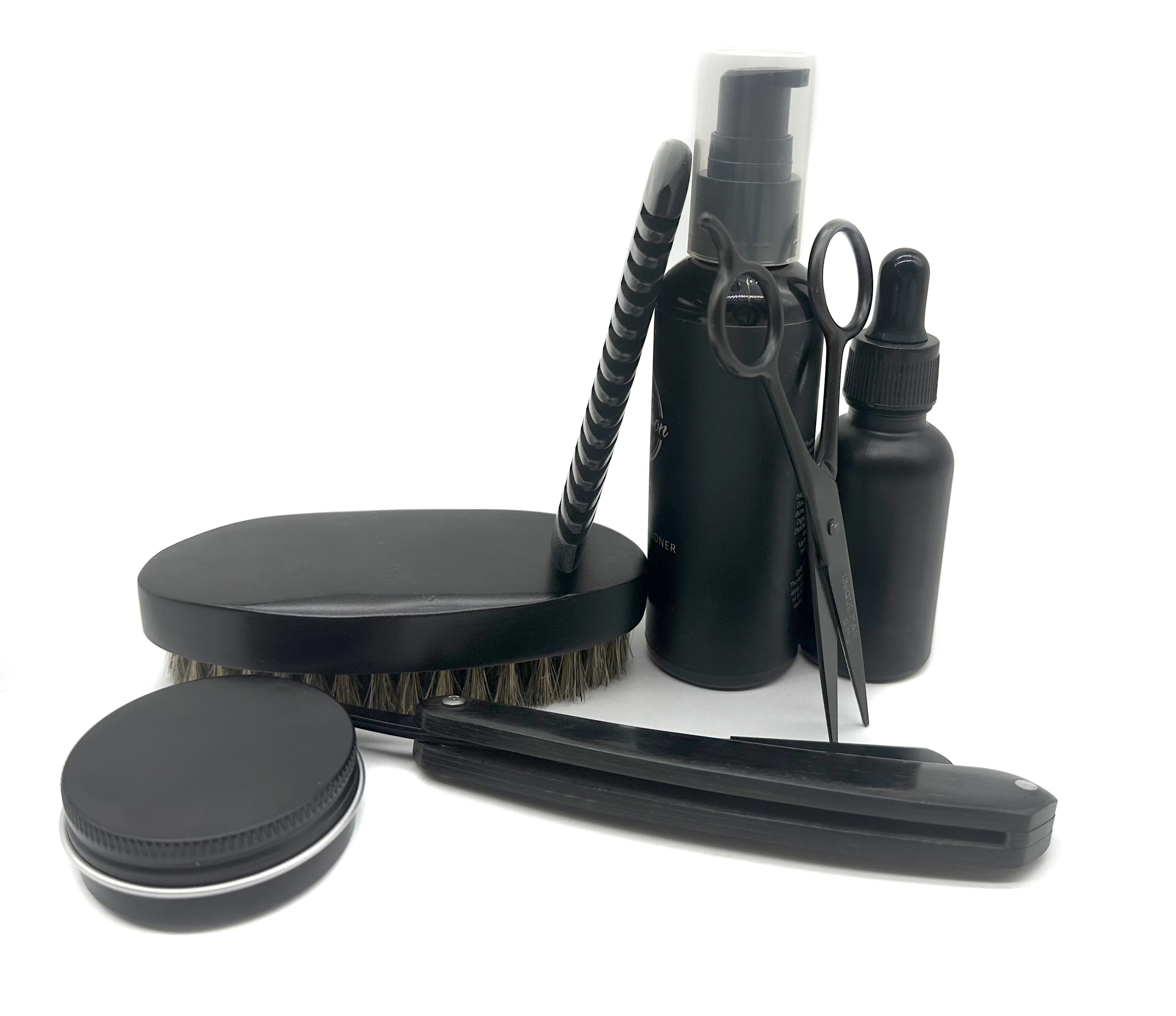 Black color set oem private label beard grooming kit face skin care wax kit included oil balm razor scissor for men beard