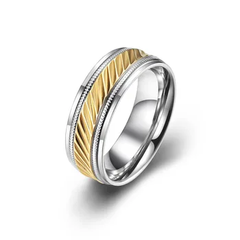 Factory Wholesale Top 316L Stainless Steel Gold Silver Two Tones Knurling Diamond Patterns Shiny Comfort Fit Band Ring