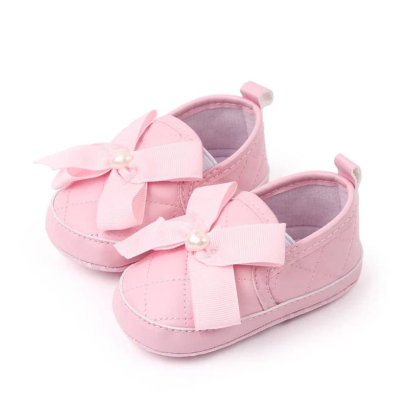 Soft Soled Big Bow Infant Shoes Diamond Check PU Leather Shoes 0-1 Year Old Baby Girls Walking Shoes manufacture