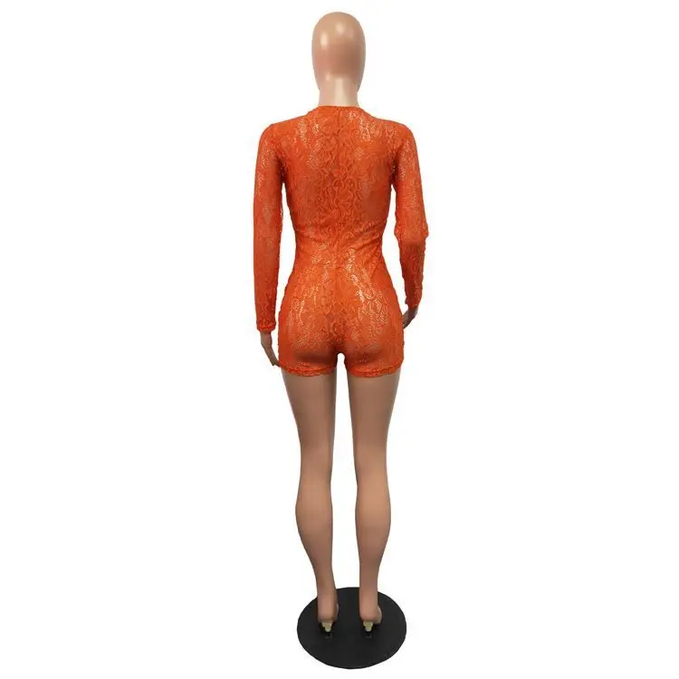 Ins Sexy Deep V-Neck Lace Hollow Long-Sleeved One-Piece Shorts Tight-Fitting Rompers Womens Jumpsuit