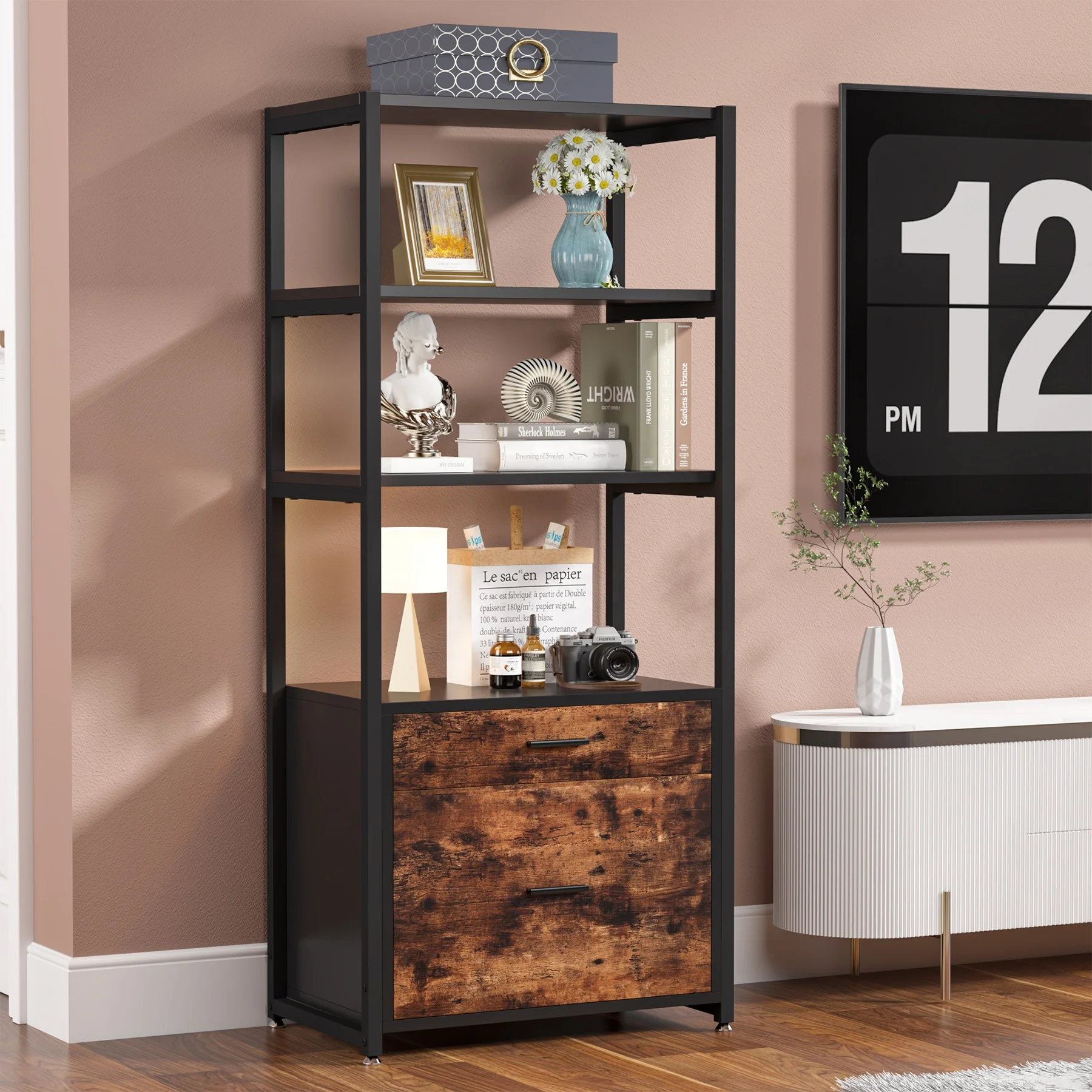 Brown Office 2 Drawer Vertical File Cabinet Home Filing Cabinets Storage Shelf for Blankets Books Files Magazines Toys