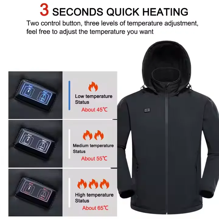 Men's Winter Coat 5V USB Self Heating Jacket Lightweight Windproof Waterproof Hooded Electrical Heated Jacket