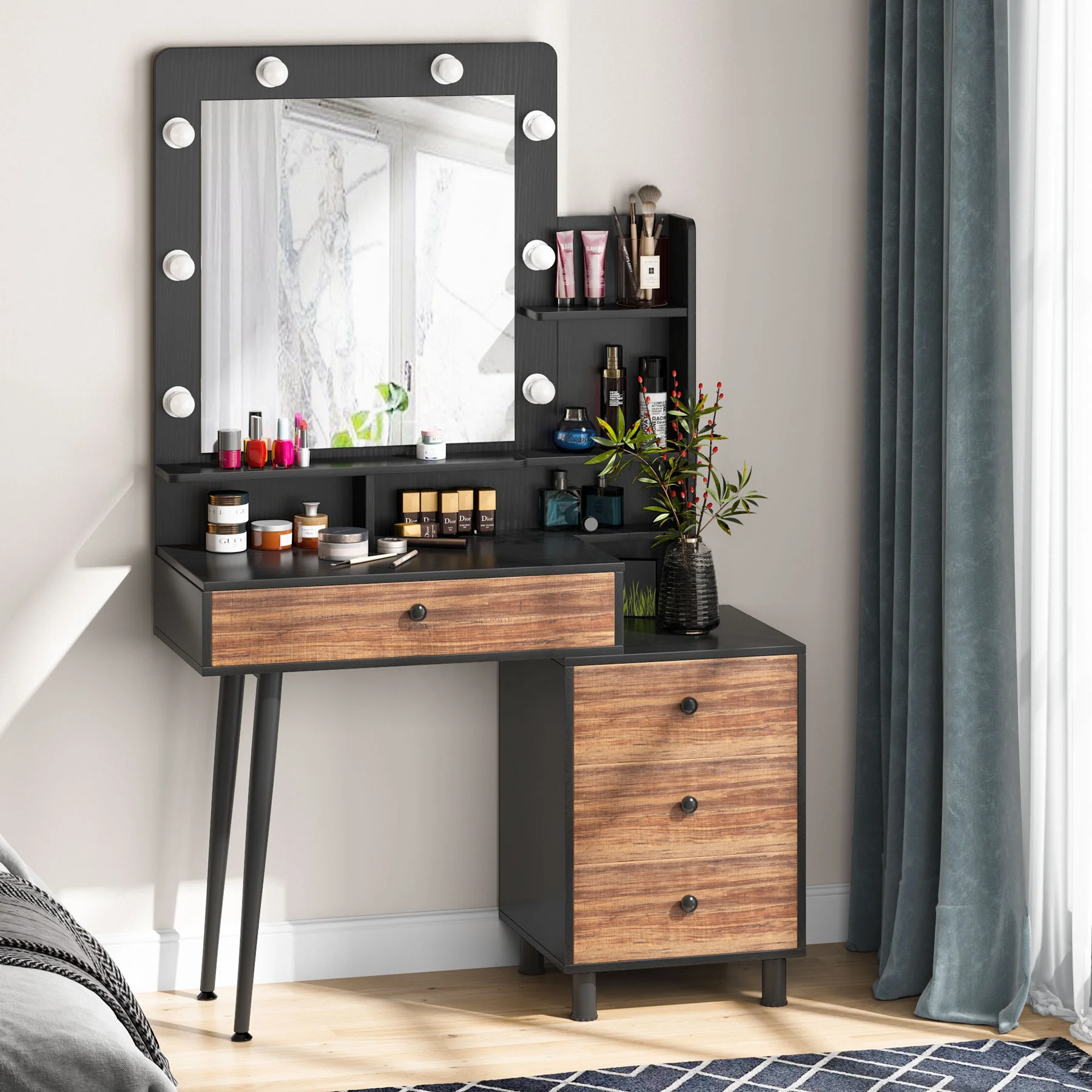 Tribesigns with Led Lights Mirror Vanity Desk, Makeup Dressing Table with Drawers, Dresser Table for Makeup Vanity Desk
