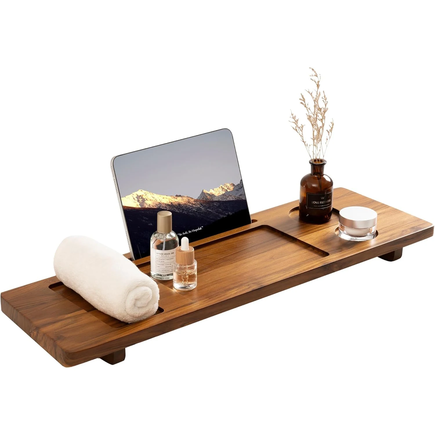 product wholesale luxury teak wood water proof eco friendly modern bathtub tray bath caddy table for bathroom home spa relaxation-2
