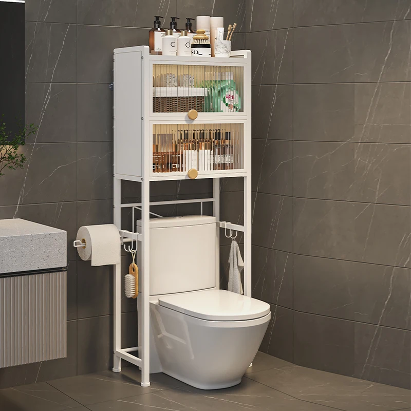 bathroom With cabinet door over Toilet storage rack paper roll organization holder 3 Tier Metal towel Bath Products shelf