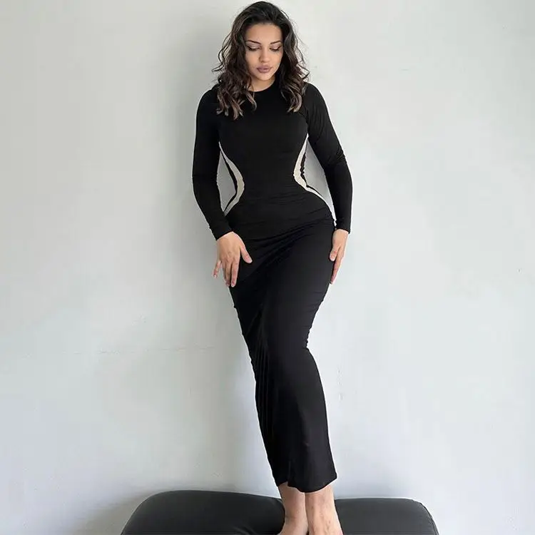Elegant Streetwear 2024 Trending Women Clothes Sexy Neck Long Sleeve Bodycon Slim Maxi Prom Dress