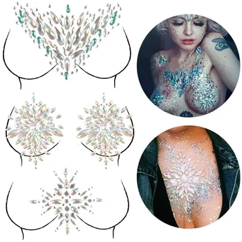 Set Crystal Sexy Chest Jewels Temporary Tattoo Sticker 3D Stage Rhinestone Flash Tattoo Adhesive Face Jewel Chest Gem Body Paint