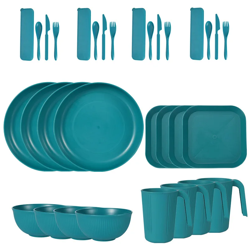 Household Outdoor Set 36pcs Dishes Cup Portable  Wheat Straw Dishes Dish Knife Fork Spoon Tableware