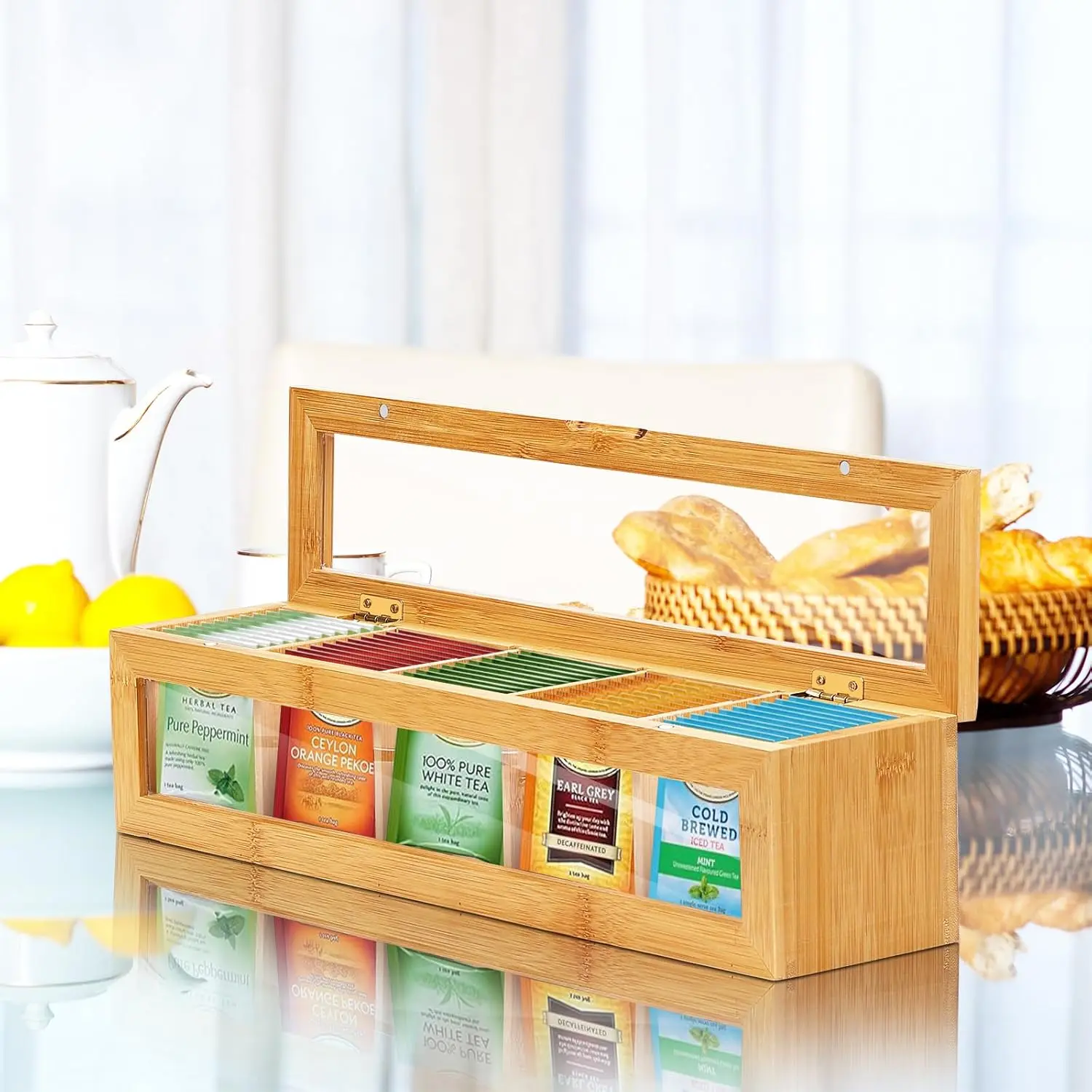 Adjustable Tea Bag Holder, Bamboo Tea Organize r5 Compartments , Portable Tea Bag Organizer for Home Kitchen Counter or Office