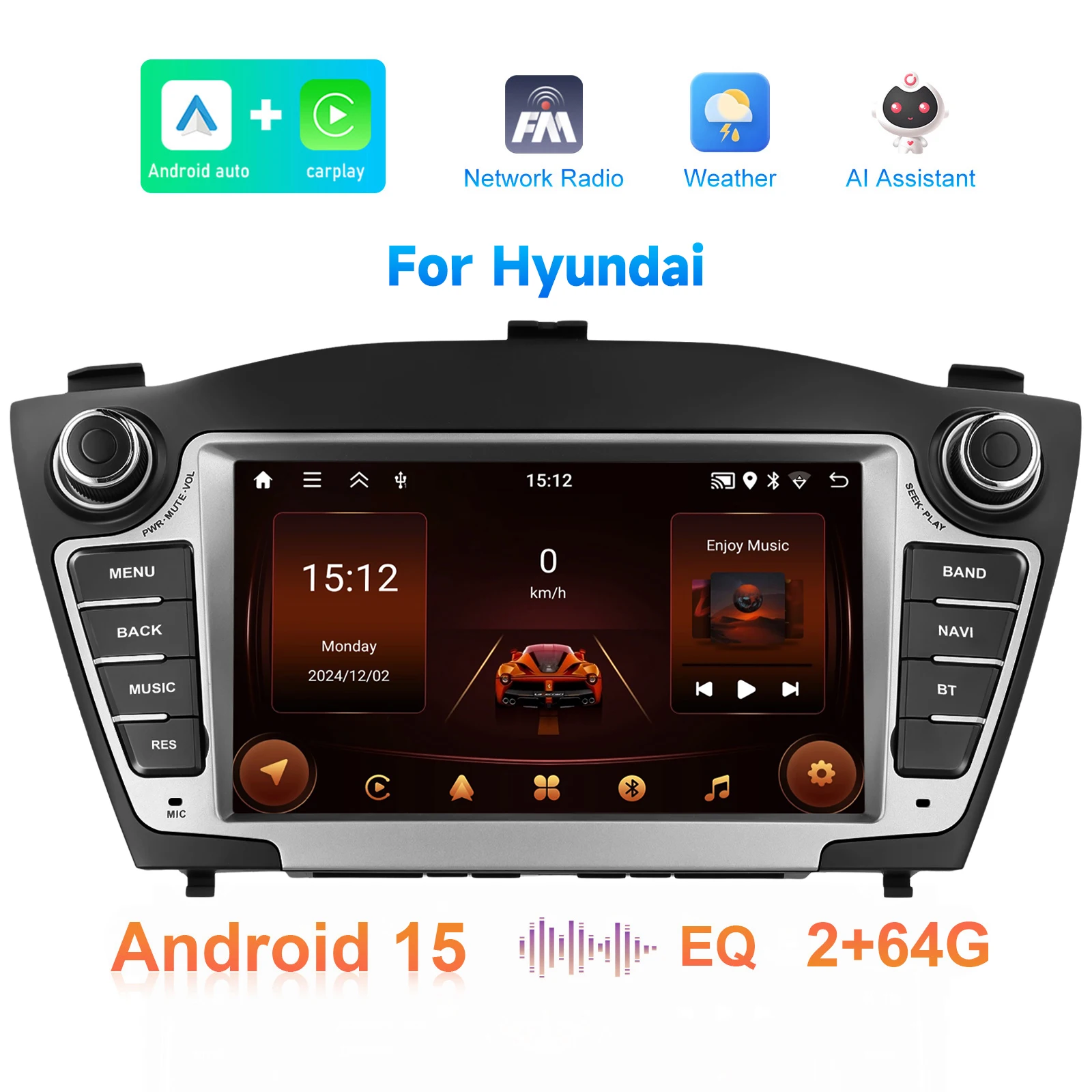 Podofo 7'' 2+64GB Android Car Radio Stereo Wireless Carplay Android Auto Wifi DVR EQ GPS for Hyundai Tucson/IX35 2009-2015 OEM A4251 supplier