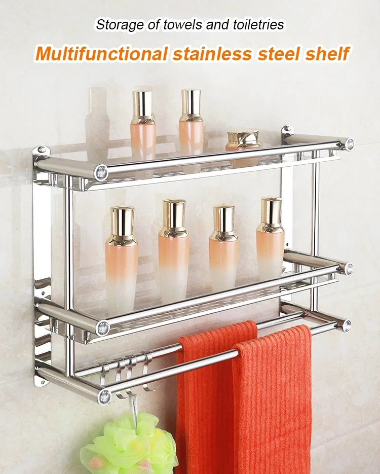 Eco-Friendly Stainless Steel Three-Tiered Bathroom Shelf Rack Double and Single Tiers for Cleaning Towels Wall-Mounted