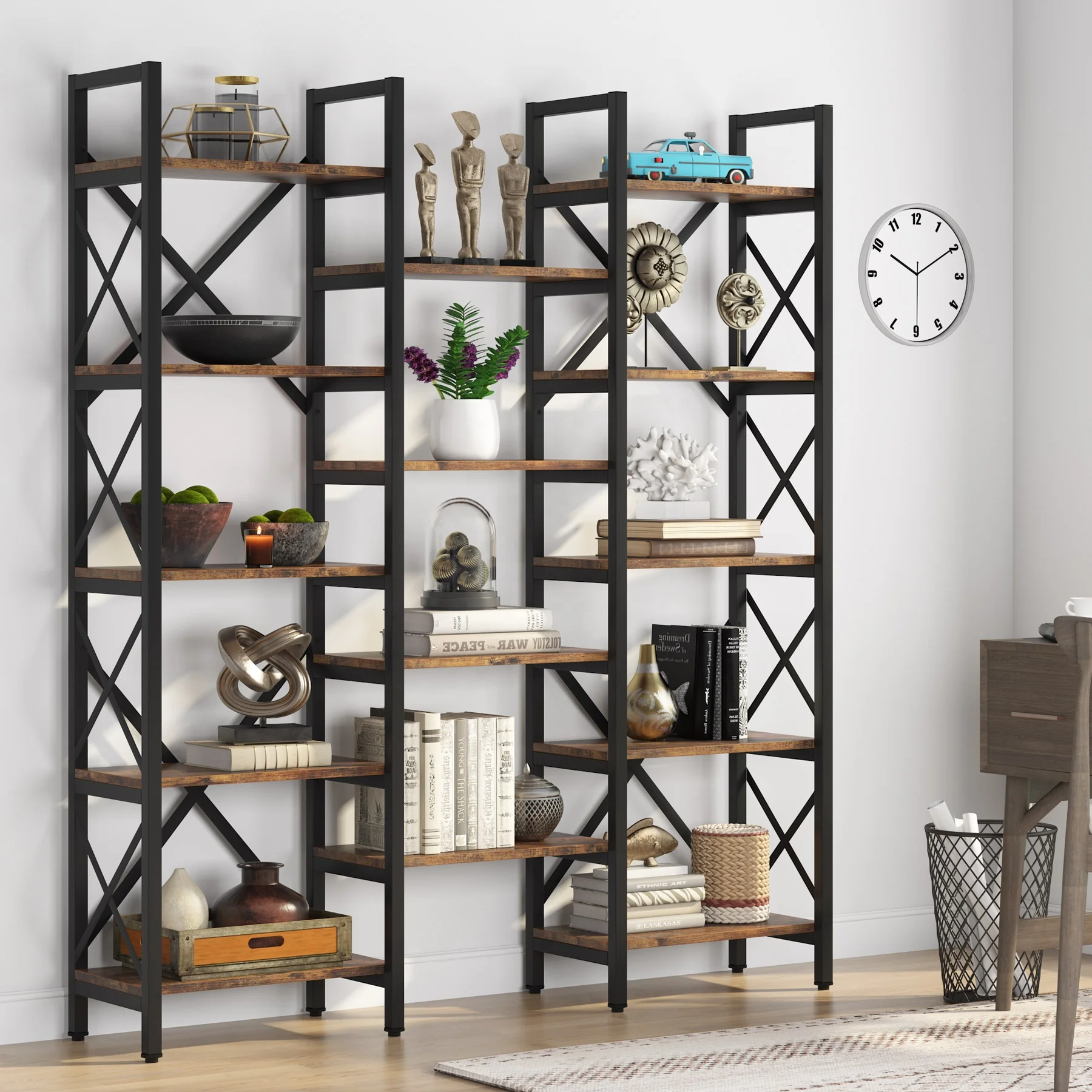 Tribesigns Triple Wide 5-Tier industrial space saving utility wooden storage bookcase home decor etagere bookshelf