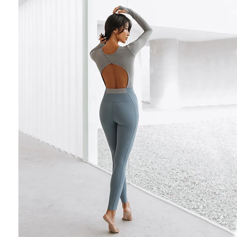 2023 new one-piece splicing fitness suit women's long-sleeved elastic one-piece suit beautiful backless aerial yoga suit
