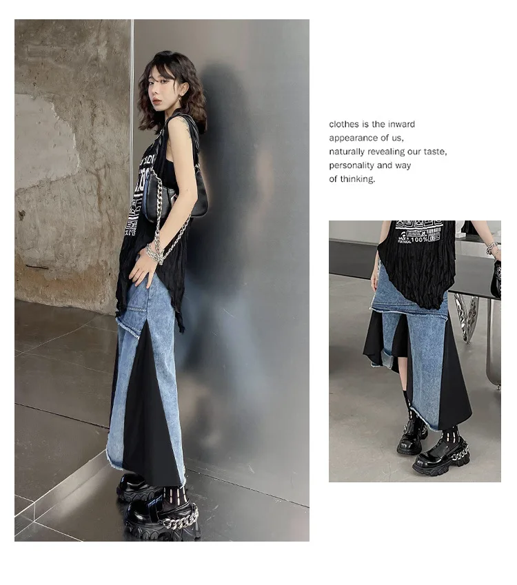 Summer Color Contrast Irregular Patchwork Skirts for Women High Waist Fashion Long Denim Skirt manufacture