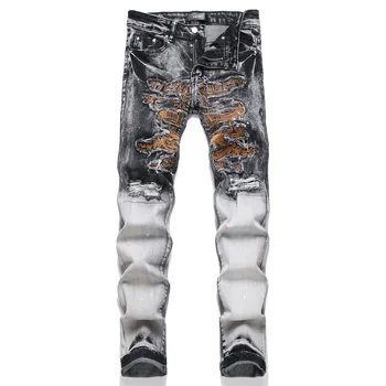 Hip Hop Style Embroidered Jeans High Street Utility Washed Rivets Stonewashed Skulls Pattern Loose Fit Knitted Weaving ODM