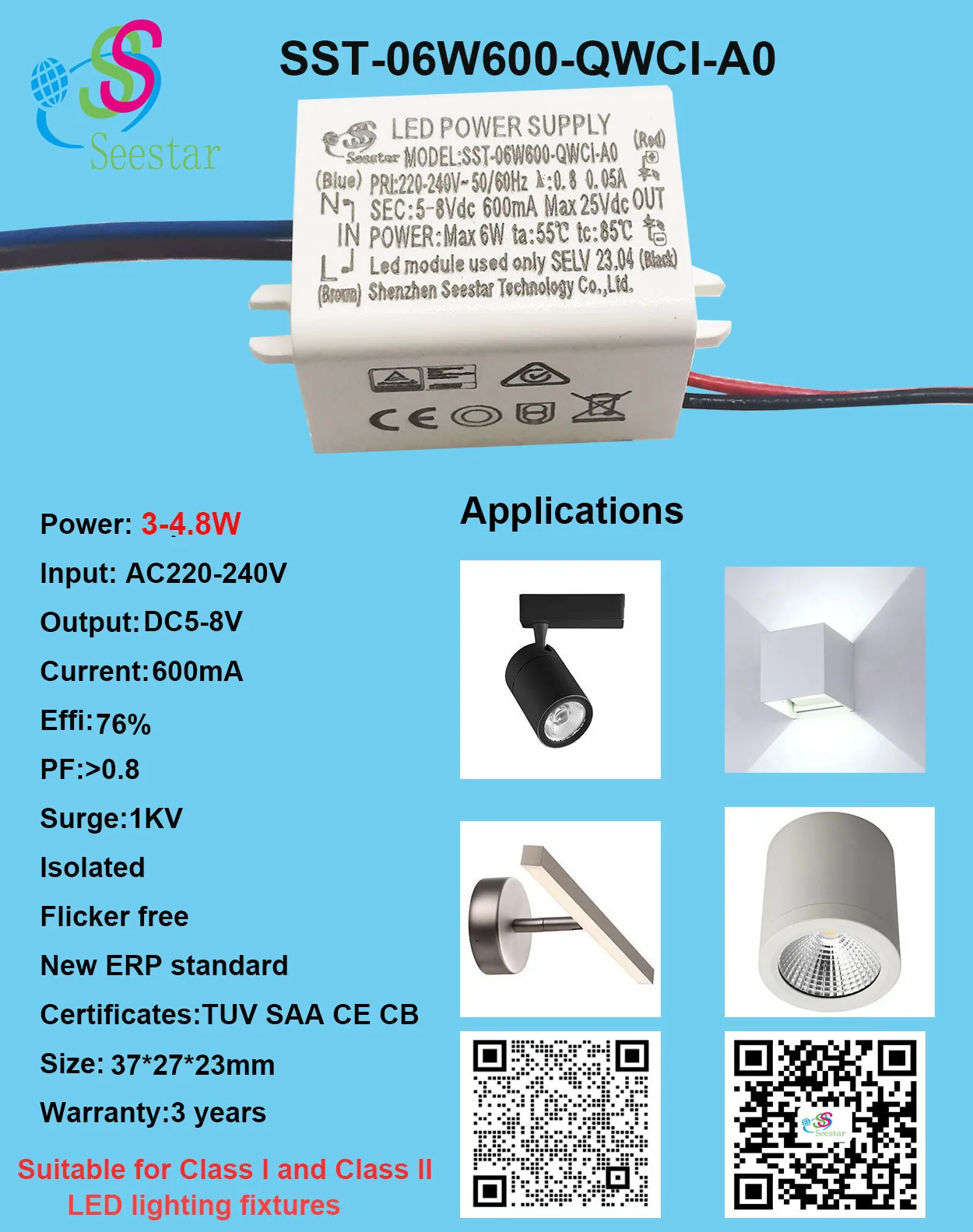 Seestar Tuv Saa Ce Cb Erp Isolated Ac220 240v Dc5 8v 600ma 3w 4w 5w Pf