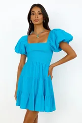 Customization Cotton Linen Ladies Dresses Holiday Balloon Sleeve Ruffles Midi Smocking Summer Casual Dress For Lady