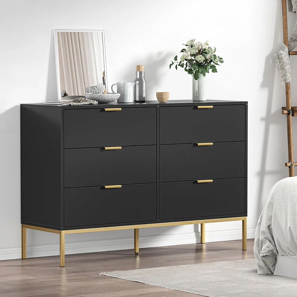 Modern 6-Drawer Dresser with Golden Handles Black Wood Storage Closet Organizers for Bedroom & Living Room details