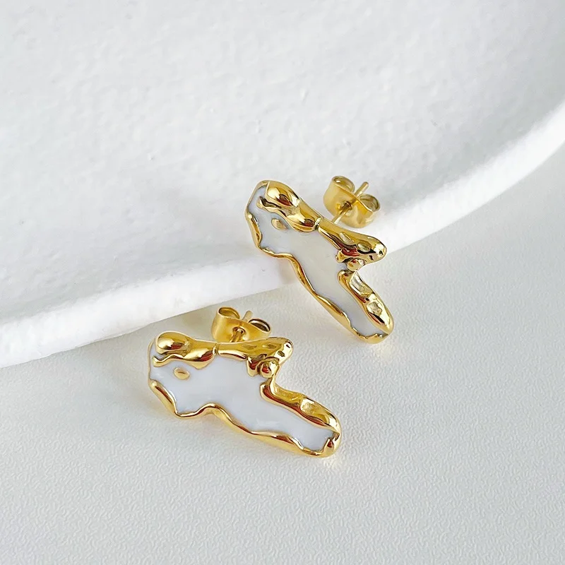 14K Gold Plated Stainless Steel Jewelry Irregular Shape Design White Epoxy Ear Stud Accessories Earrings E221370