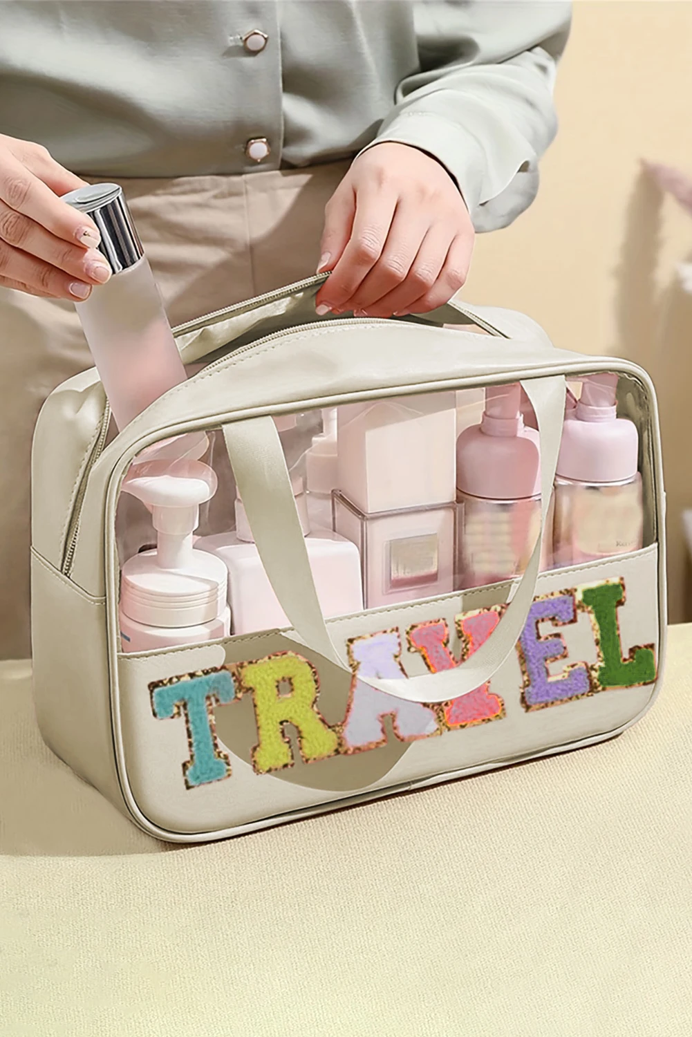 Dear-Lover TRAVEL Chenille Letter Clear Pvc Makeup Bag Clothes Accessories For Women
