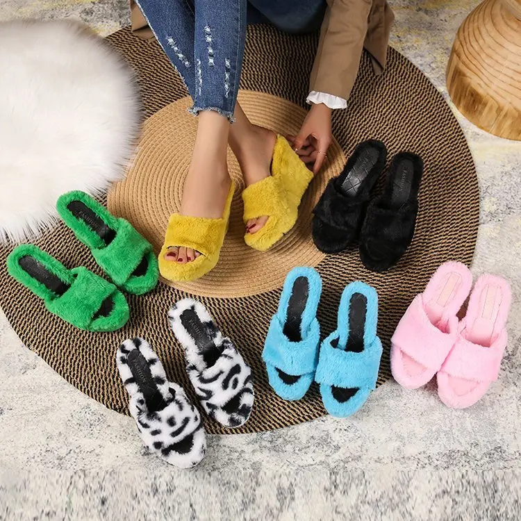 35-43 large wedge heel thick sole slippers new multi-color casual short plush one-footed fashion plush shoes