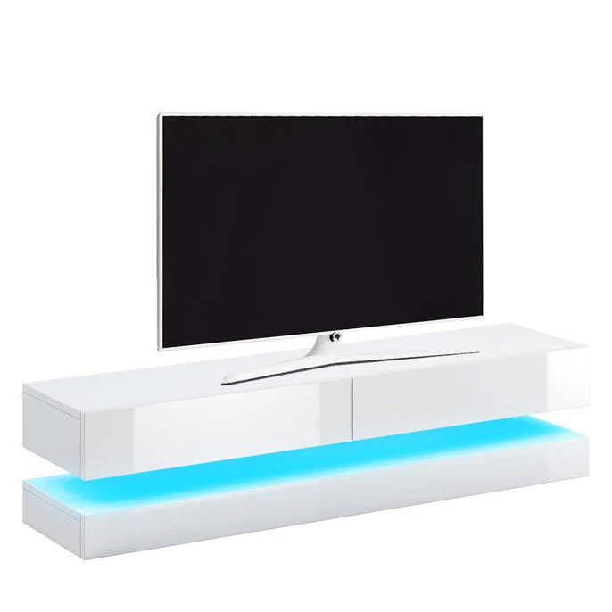 High gloss white wholesale floating blue Led light wooden tempered glass tv stand with showcase tv cabinet stand