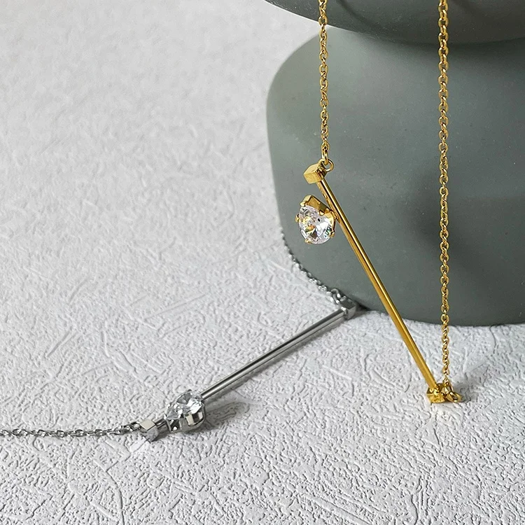 18K Gold Plated Stainless Steel Jewelry Water Drop Zircon Long Bar Pendant Hypoallergenic Accessories Necklaces P213282