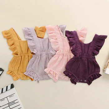 wholesale organic knitted newborn clothing baby girl romper ruffle jumpsuit clothes sleeveless 100% cotton fabric baby romper