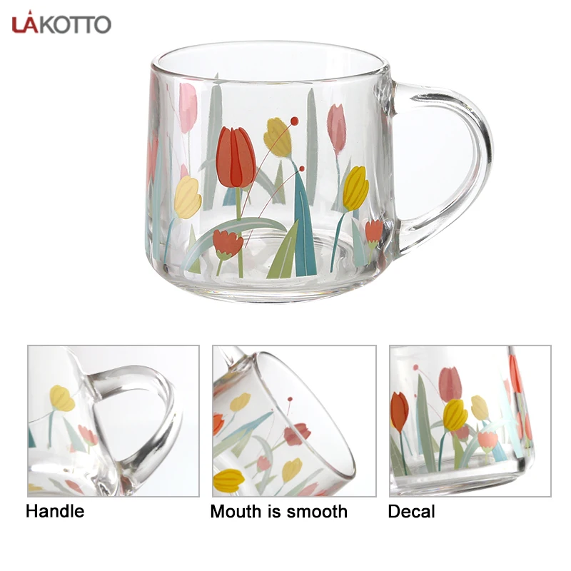 Wholesale 350ml Decal insulated Single wall glass coffee tea cups mugs customized logo with handle