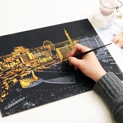 16 X 11.2 Inches Taj Mahal+Las Vegas XiaoXT Scratch Art Paper Rainbow Painting Sketch Pad DIY Night View Scratchboard for Adults and Kids 2 Packs