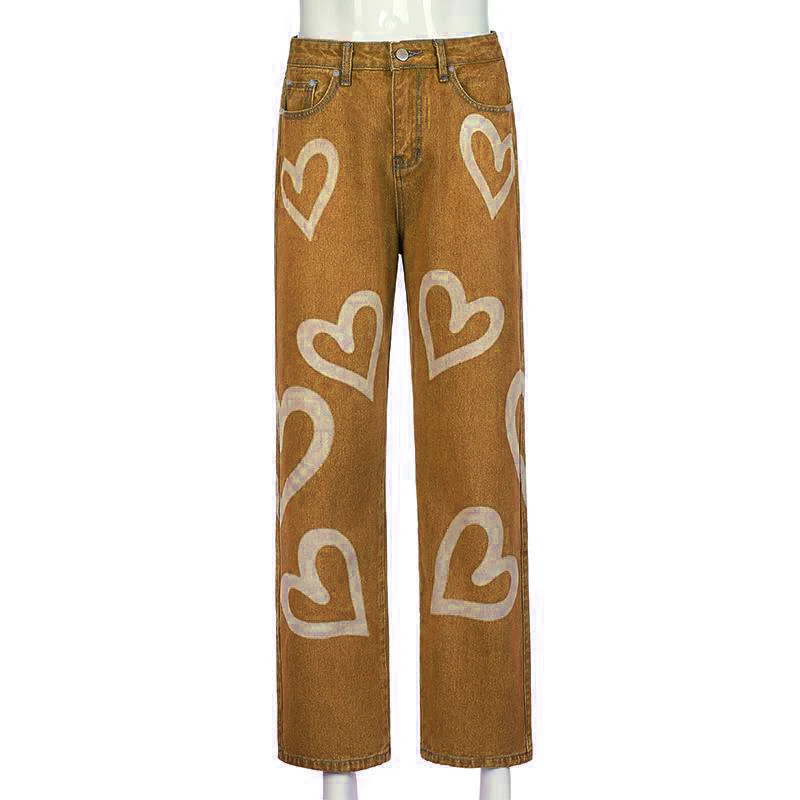 Custom Ladies Denim Jeans High Waist Heart Print Pantalon Jean Baggy Women Y2k Jeans supplier