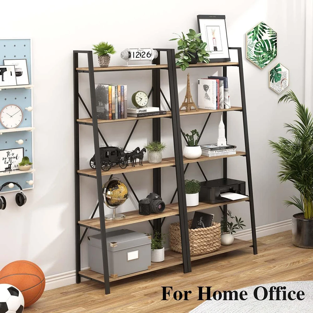 Modern 5-Tier Wooden and Metal Ladder Bookshelf Living Room & Home Office Storage Furniture supplier
