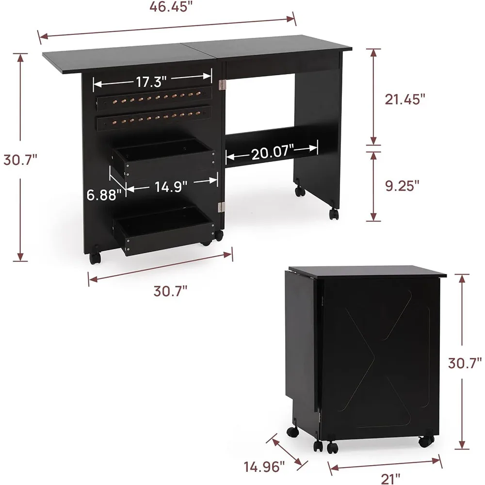Modern Designed Dark Brown Folding Sewing Table Wood Panel Multipurpose Craft Station & Side Desk Compact Design Wheels Locks factory