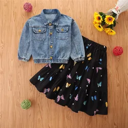 New boutique toddler girls 2pcs clothing sets solid denim jacket top+butterfly printed skirt clothes set for girls