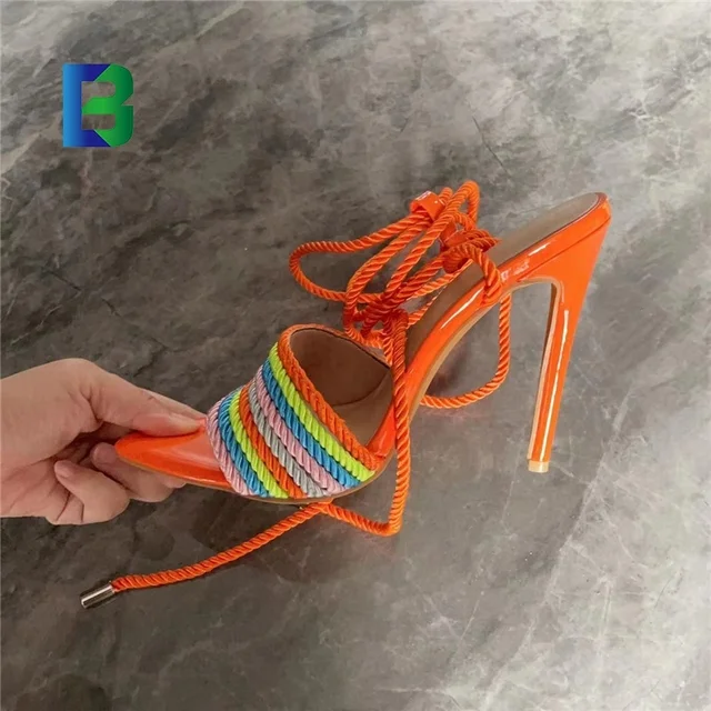 Hot Customized New Style Stiletto Open Toe Platform Sandals Colorful Rope Design Tie Up Block Heels