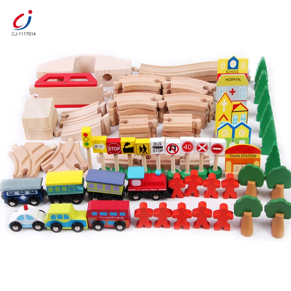 Chengji Popular preschool wooden train track on table diy build toy wooden rail train table 90pcs kids toys wooden train track