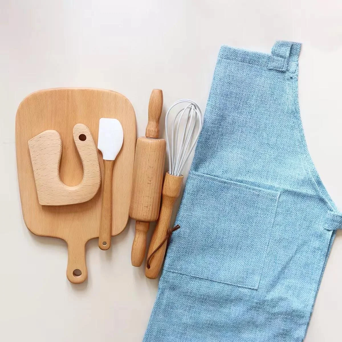 7pcs Mini Beech Wood Kitchen Set Kids Eco-Friendly Silicone Including Knife Whisk Rolling Pin Home Bar Restaurant Use