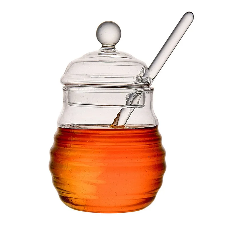 product 500ml  wholesale clear glass jar honey jar with lid large capacity glass honey jar with stirring stick-26