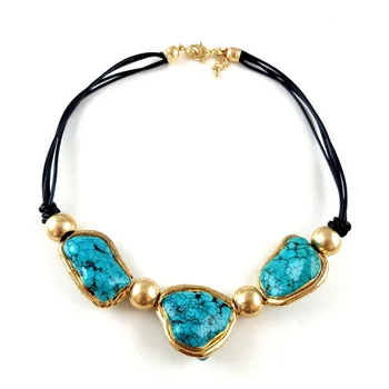 Vintage Chunky Natural Large Turquoise Stone Leather Rope Adjustable Gold Plated Statement Choker Necklace