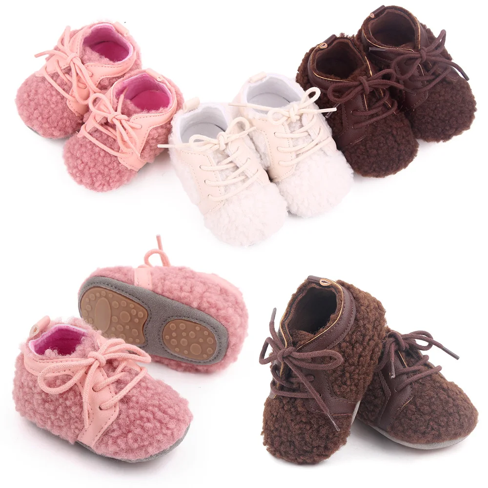 PU Leather Solid Color Plush Front Lacing Cute Warm Baby Soft Soled Toddler Cotton Shoes supplier